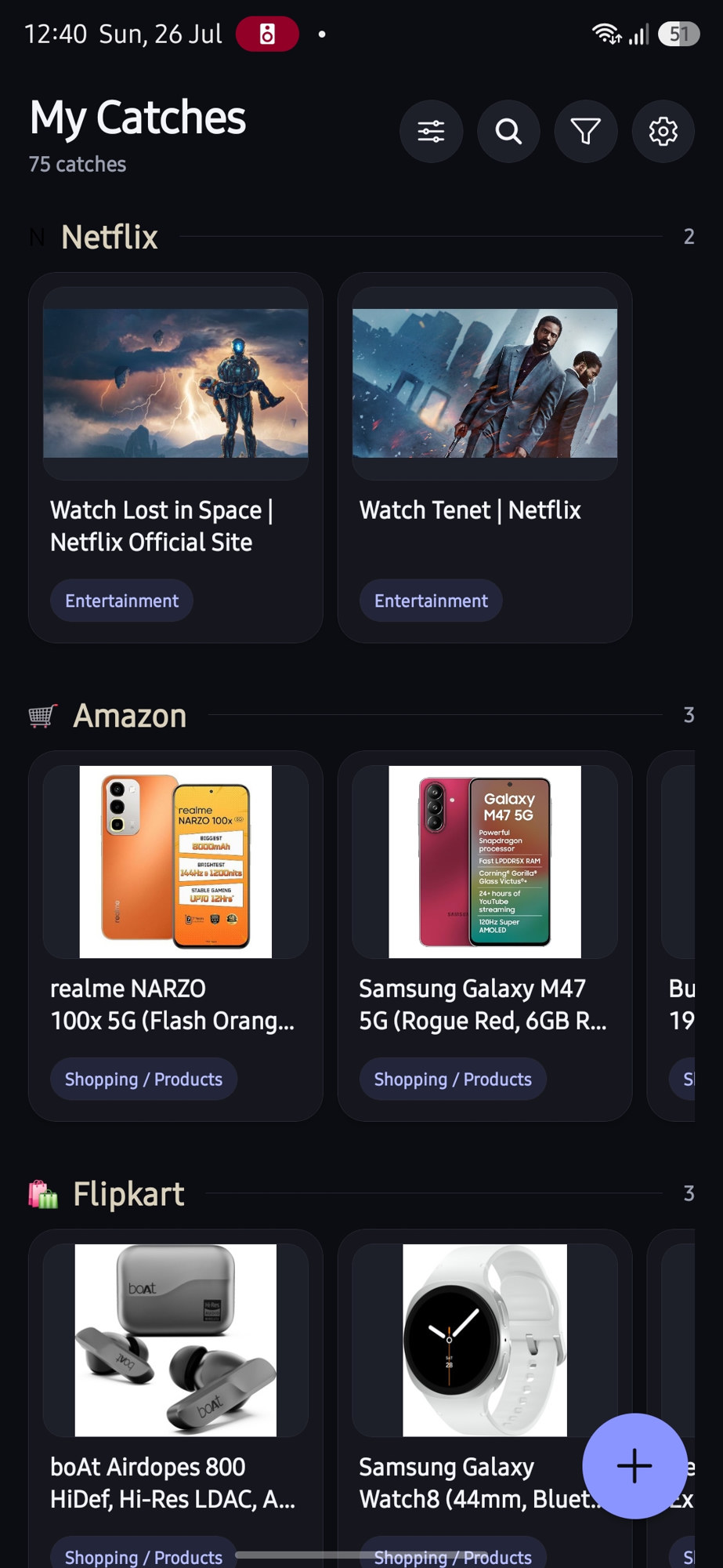 CatchAll My Catches screen: Netflix, Amazon, and Flipkart groups with product and show tiles